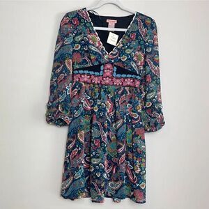 NEW BOHO EMBROIDERED CHIFFON LONG SLEEVE FLYING TOMATO M MEDIUM BLUE RED NWT